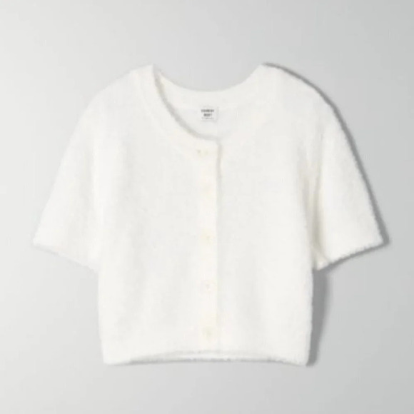 Aritzia Sunday Best Fuzzy Soft Cropped Effie Cardigan Short Sleeve White Small
